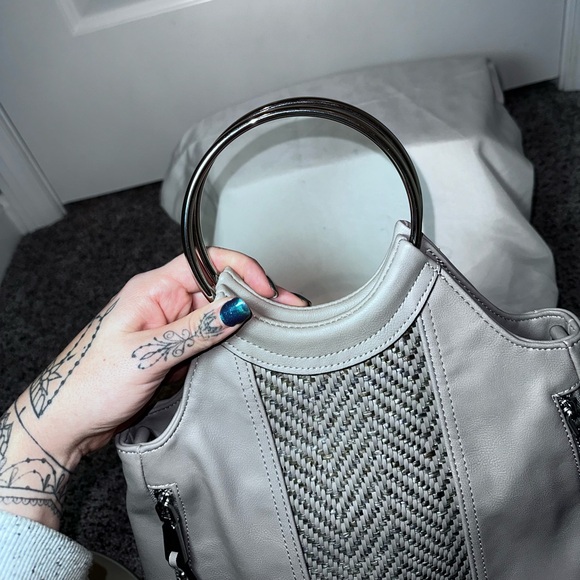 Gray Ring Handle Woven Panel Tote Handbag Faux Leather Modern Minimalist - Picture 4 of 13